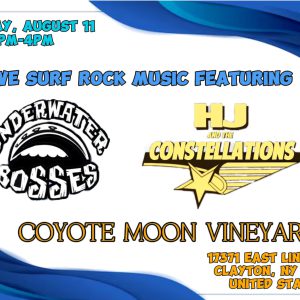 Sunday, August 11 we will be at Coyote Moon Vineyards with HJ & The Constellations of Montreal! Music starts at 1pm during the Coyote Moon Flea Market with amazing food provided by Christian and the Coyote Tacos & Tings