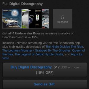 It’s Bandcamp Friday again and it’s 15% off when you purchase our full digital discography!!!
Click on any album and scroll down to Buy Digital Discography as seen below.
Aqua La Vista still available on vinyl and cd!
The Night Divides the Ride availa